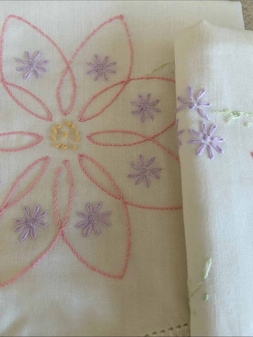 Vintage Hand Embroidered Floral Pillowcases Pair Crochet Trim